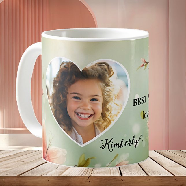 Floral Heart Best Mom Ever Photo Mug Kaffemugg (Best Mom ever mug featuring your custom photo in a heart shaped frame on an elegant floral design)