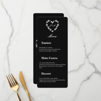 Floral Heart Black And White Wedding Menu Meny