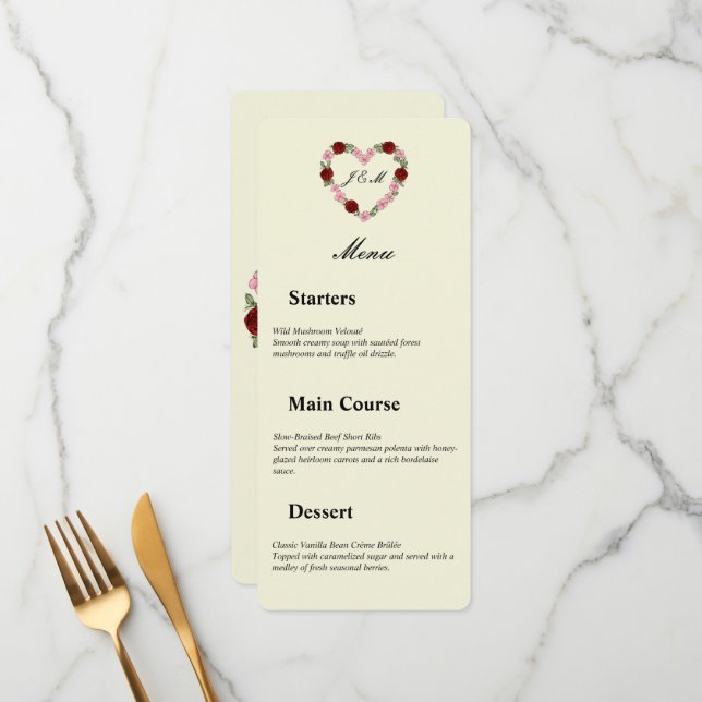 Floral Heart Cream Wedding Menu Meny (Fram/Back In Situ)
