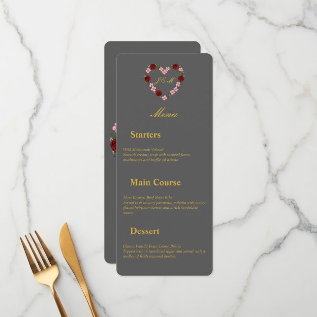 Floral Heart Grey Wedding Menu Meny (Fram/Back In Situ)