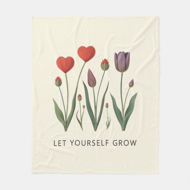 Floral Heart Tulips Let Yourself Grow Quote Fleecefilt (Framsidan)