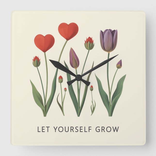 Floral Heart Tulips Let Yourself Grow Quote Fyrkantig Klocka (Framsida)