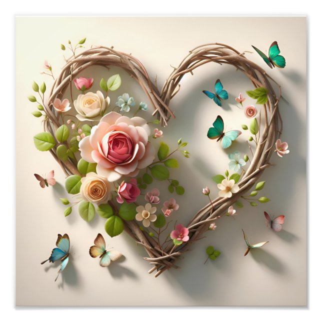 Floral Heart Wreath with Butterflies Romantic  Fototryck (Framsidan)