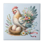 Floral Hen with Eggs Vintage Farmhouse Charm Kakelplatta<br><div class="desc">This charming design features a beautifully detailed hen nestled beside a cozy nest of speckled eggs, surrounded by delicate wildflowers and soft pastel foliage. The hen’s wings are adorned with an elegant bouquet of daisies, peonies, and tiny blossoms, blending rustic farmhouse vibes with a romantic, vintage-inspired touch. Perfect for country...</div>