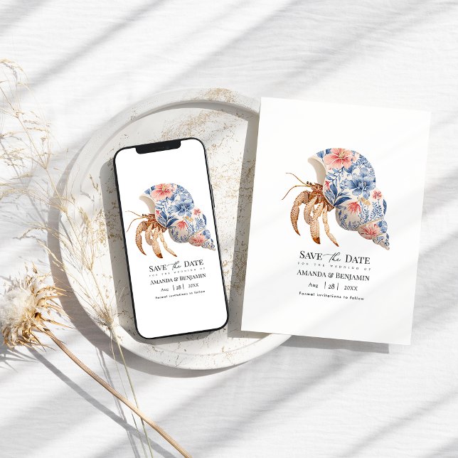 Floral Hermit Crab Coastal Beach Wedding Nautical Spara Datumet (Floral Hermit Crab Coastal Beach Wedding Nautical Save The Date)