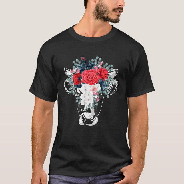 Floral Highland Cow Heifer Dairy Farm Animal Wildf T Shirt (Framsida)