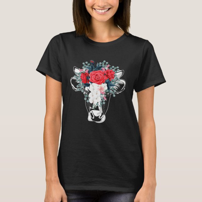 Floral Highland Cow Heifer Dairy Farm Animal Wildf T Shirt (Framsida)