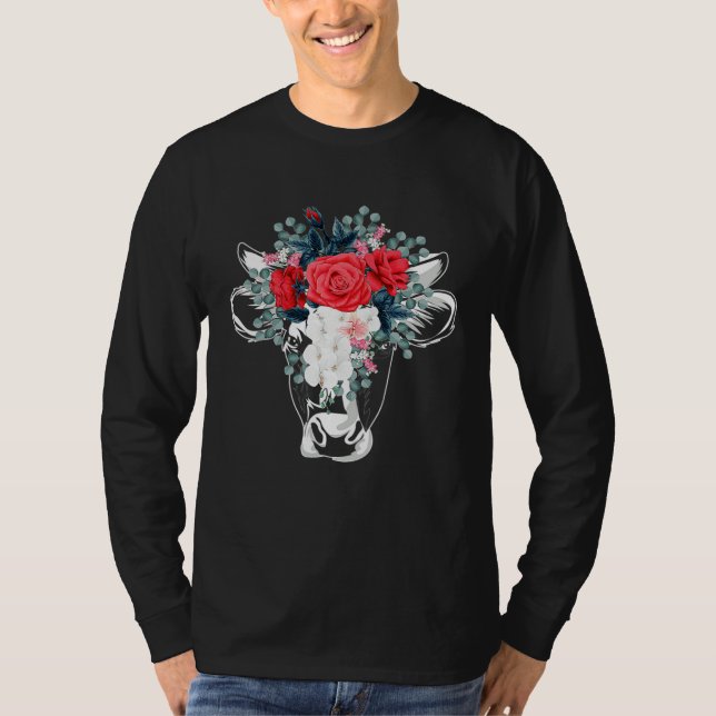 Floral Highland Cow Heifer Dairy Farm Animal Wildf T Shirt (Framsida)