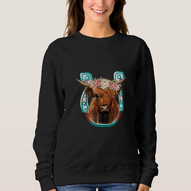 Floral Highland Cow Heifer Horseshoe Western Count T Shirt (Framsida)