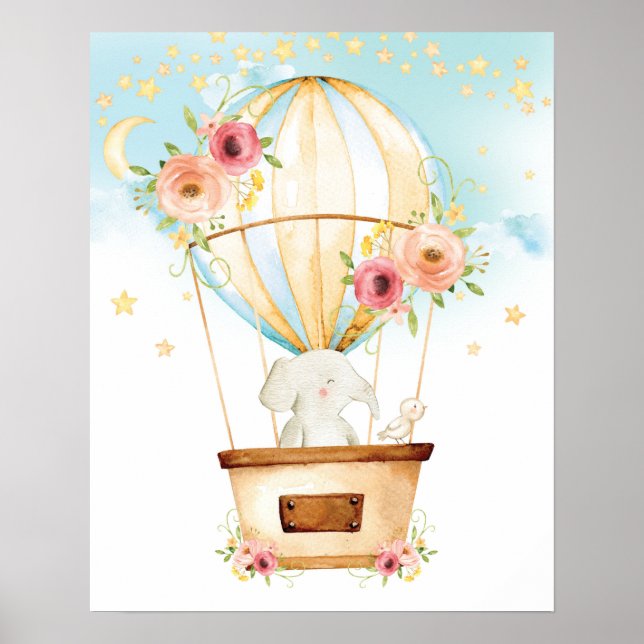 Floral Hot Air Balloon Elephant Adventure Awaits Poster (Framsidan)