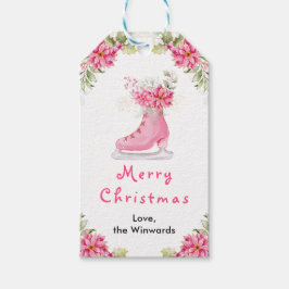 Floral Ice Skate Pink Merry Christmas Presentetikett