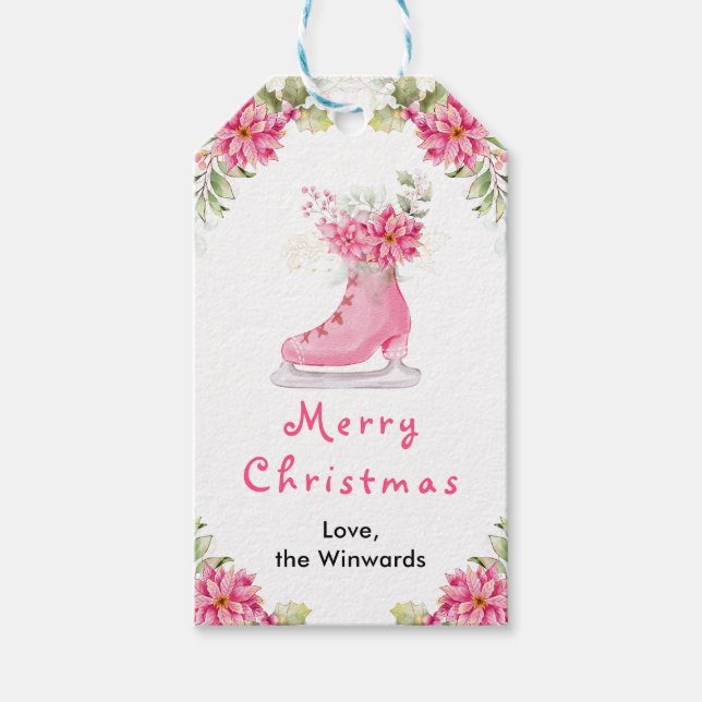Floral Ice Skate Pink Merry Christmas Presentetikett (Framsidan)