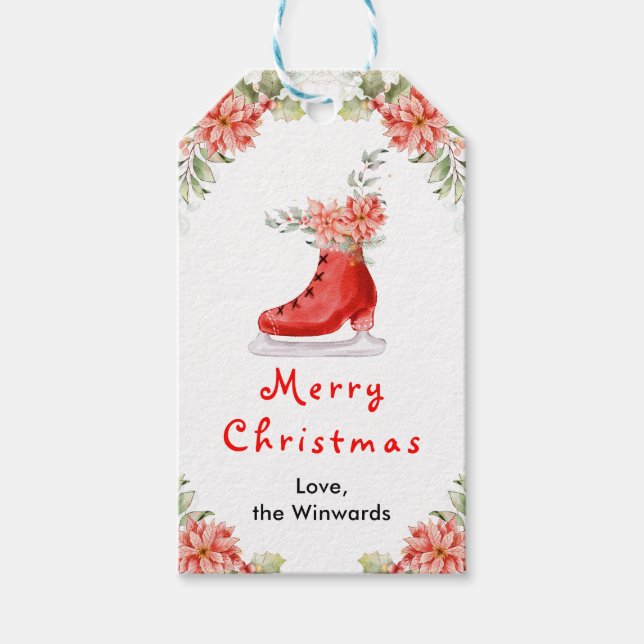 Floral Ice Skate Red Merry Christmas Presentetikett (Framsidan)