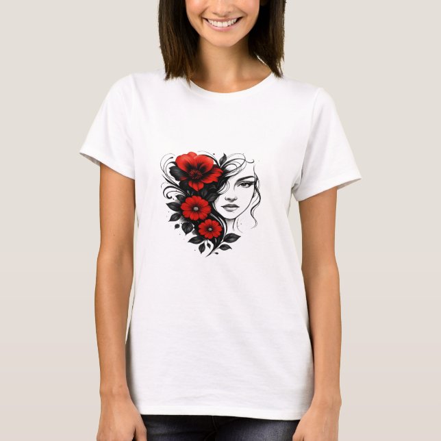 Floral Ink Beauty – Red & Black Tattoo Art T Shirt (Framsida)