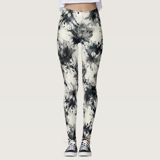 Floral Ink Splash Pattern – Abstract Botanical  Leggings (Framsida)