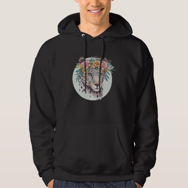 Floral Jaguar Flower Crown Watercolor Animal Hoodie (Framsida)