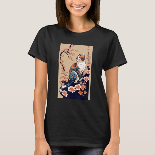 Floral Japanese Cat T Shirt (Framsida)