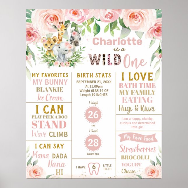 Floral Jungle 1-årsjubileum Födelsestatistik Poster (Framsidan)