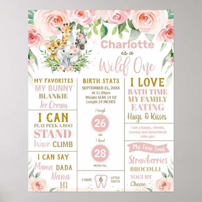 Floral Jungle Djur 1-årsjubileum Statistik Poster (Framsidan)