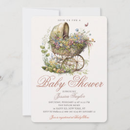 Floral Korg Barnvagn Flicka Vintage Baby Shower Inbjudningar