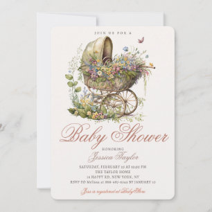 Floral Korg Barnvagn Flicka Vintage Baby Shower Inbjudningar