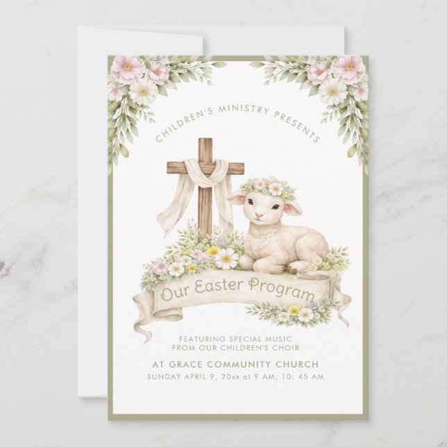 Floral Lamb with Cross | Easter Program Invitation (Framsida)
