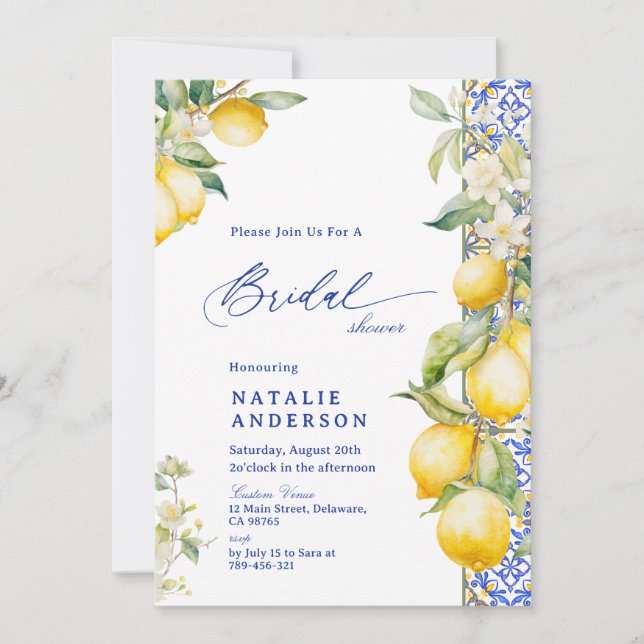 Floral Lemon Mediterranean Blue Tile Bridal Shower Inbjudningar (Framsida)