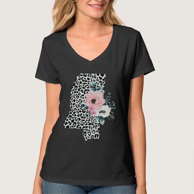 Floral Leopard Mississippi Patriotic Woman Girl T Shirt (Framsida)