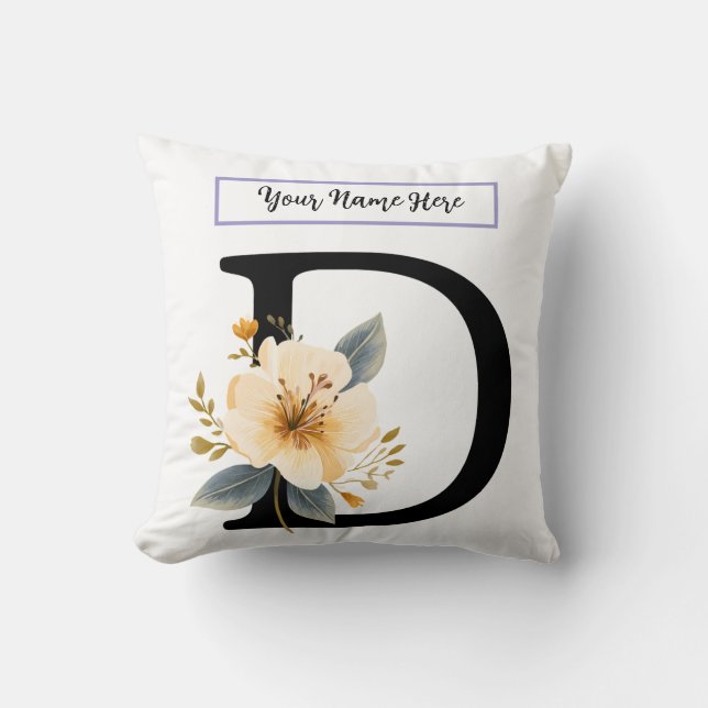 Floral Letter D Pillow – Personalized Initial Cush Kudde (Framsida)
