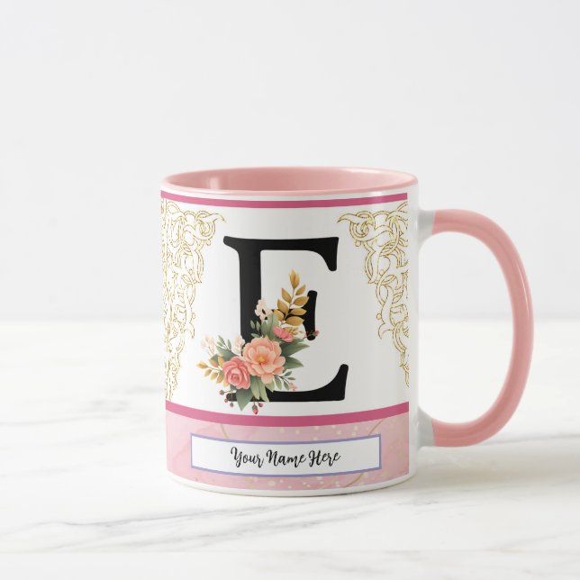 Floral Letter E Mug – Personalized Initial Cup wit Mugg (Höger)