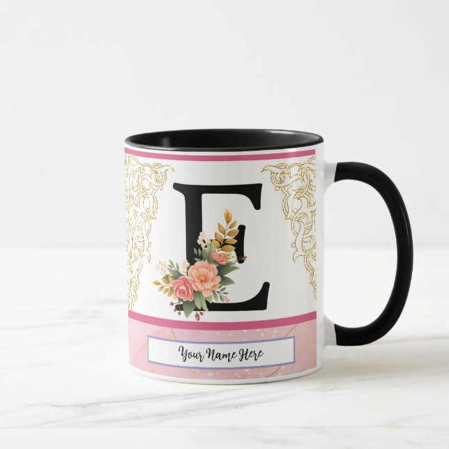 Floral Letter E Mug – Personalized Initial Cup wit Mugg (Höger)