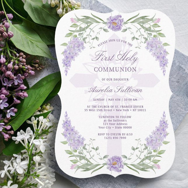 Floral Lilac Frame Holy Cross First Communion Inbjudningar (Skapare uppladdad)