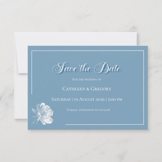 Floral Line Art Dusty Blue White Wedding Spara Datumet (Framsida)