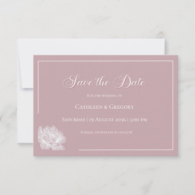 Floral Line Art Dusty Rose White Wedding Spara Datumet (Framsida)