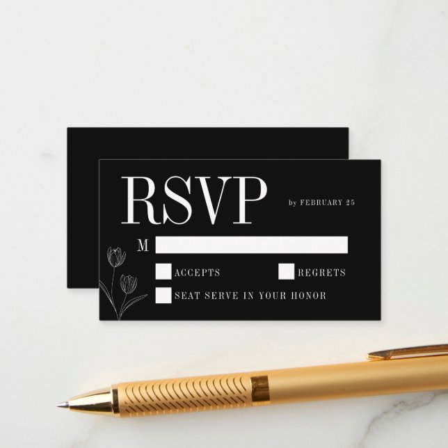 Floral Line Art Rustic Black Elegant Wedding RSVP Tilläggskort (Fram/Back In Situ)