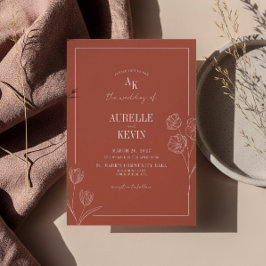 Floral Line Art Rustic Terracota Elegant Wedding  Inbjudningar