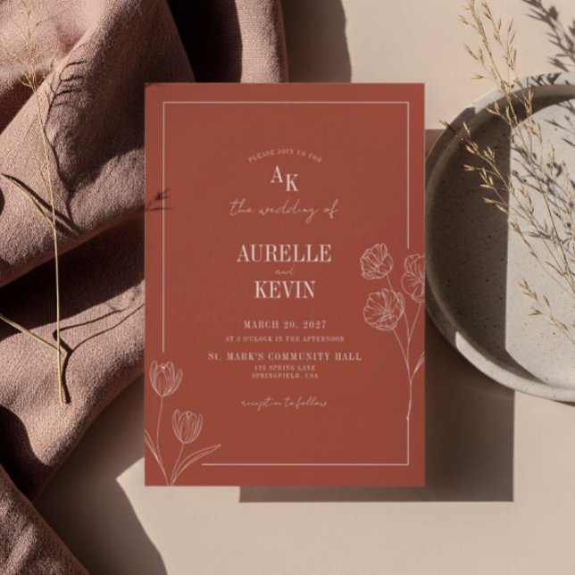 Floral Line Art Rustic Terracota Elegant Wedding  Inbjudningar (Skapare uppladdad)