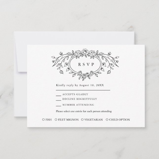 Floral Line Art Wedding Response Card OSA Kort (Framsida)