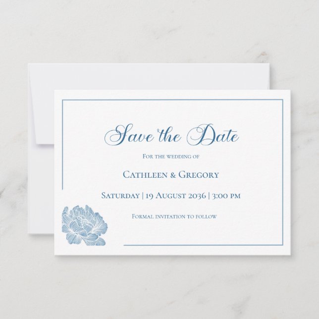 Floral Line Art White Dusty Blue Wedding  Spara Datumet (Framsida)