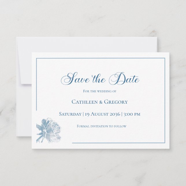 Floral Line Art White Dusty Blue Wedding  Spara Datumet (Framsida)