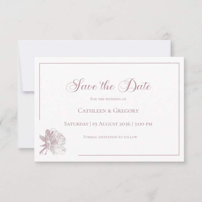 Floral Line Art White Dusty Rose Wedding  Spara Datumet (Framsida)