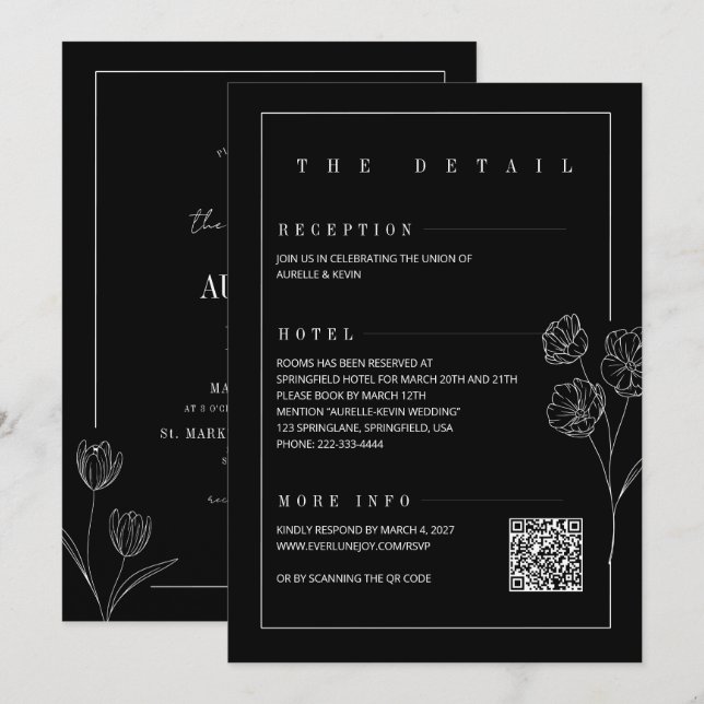 Floral Line Rustic Black Elegant All in Wedding  Inbjudningar (Fram/baksida)