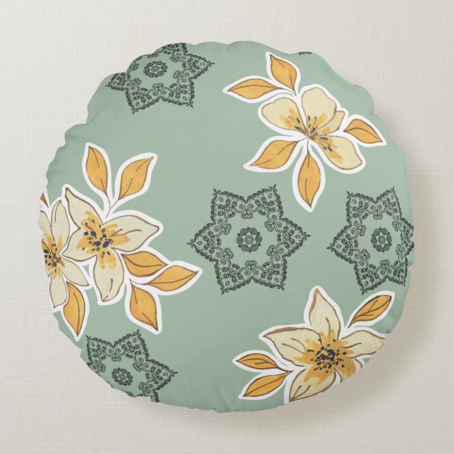 Floral Mandala Elegance: Green Cushion Design Rund Kudde (Framsidan)