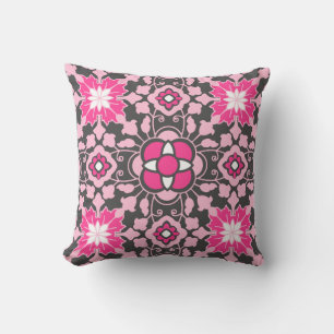 Floral marockansk kakel, fuchsia rosa & grå kudde
