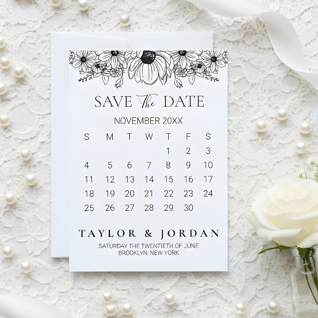 Floral Minimalist Botanical Calendar Wedding  Spara Datumet (Skapare uppladdad)