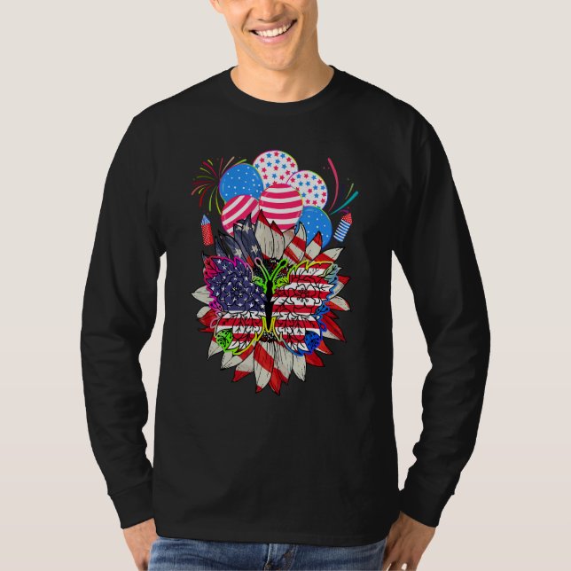 Floral Monarch Butterfly American Flag 4th Of July T Shirt (Framsida)