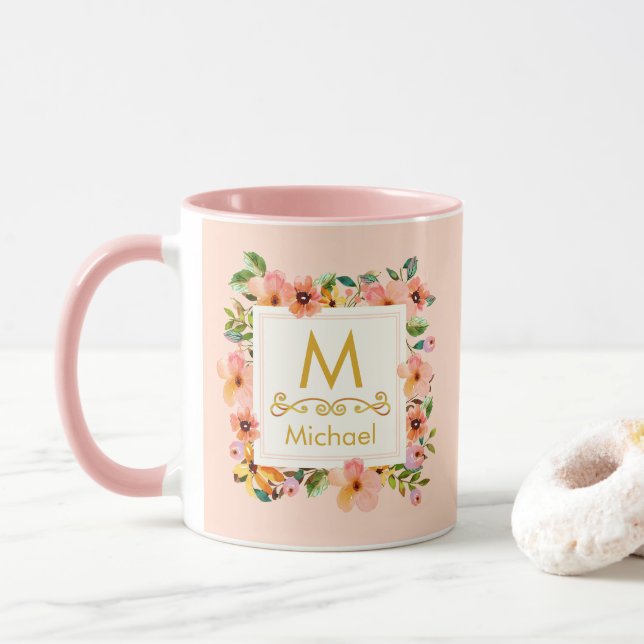 Floral Monogram I Custom Name & Gold Initial Gift Mugg (Med munk)