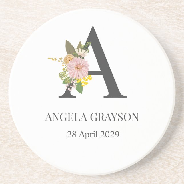 Floral Monogram Letter A Custom Name and Date  Underlägg (Framsidan)