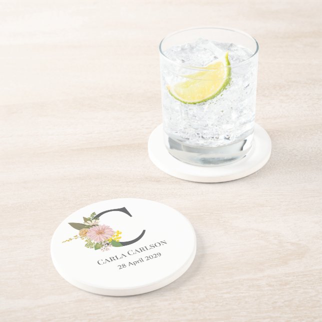 Floral Monogram Letter C Custom Name and Date  Underlägg (Sidan)