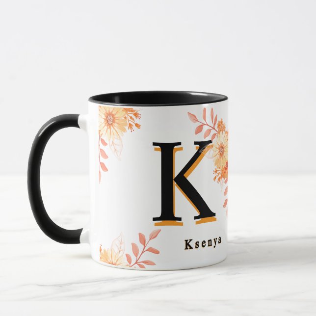 Floral Monogram Mug – Elegant Letter K Coffee Cup Mugg (Vänster)